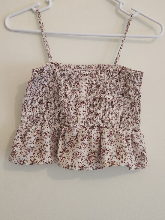 Paper Crane Tops - Paper Crane White Floral Smocked Ruffle Camisole in Maroon
